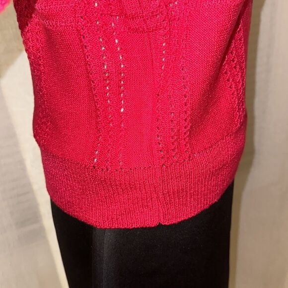 ILGWU S Cerise Pink Boatneck Reverse Knit Eyelet Pullover Sweater Crochet Trim - Picture 8 of 11
